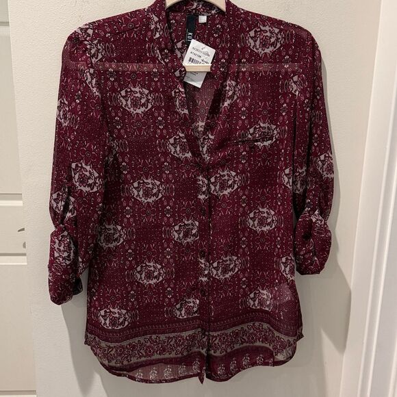 Kut from the Kloth Floral Sheer  Burgundy Blouse size XS NWT - Picture 1 of 7